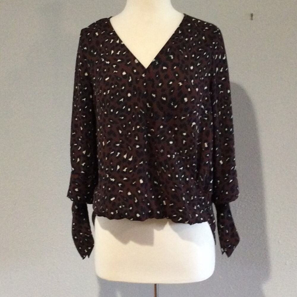 West Kei Multicolor Cheetah Print Faux Wrap High Low Tie Sleeve Blouse  S